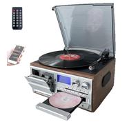 Lecteur CD/Cassette Bluetooth 10 en 1, Platine Vinyle rétro avec télécommande, Haut-parleurs intégrés, USB/SD, entrée auxiliaire/Sortie RCA, 3 Vitesses(Brown)