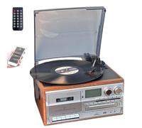Lecteur CD/Cassette Bluetooth 10 en 1, Platine Vinyle rétro avec télécommande, Haut-parleurs intégrés, USB/SD, entrée auxiliaire/Sortie RCA, 3 Vitesses(Light Brown)