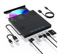 Lecteur CD/DVD Externe pour Ordinateur Portable - 7 en 1 USB Lecteur CD/DVD Portable - Lecteur de Disque Externe Haute Vitesse avec Lecteur de Carte SD/TF, 4 Ports USB 3.0, Compatible avec Windows