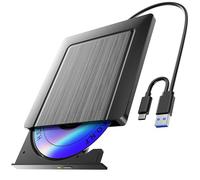 Lecteur CD/DVD Externe pour PC, Ultramince USB 3.0 et USB-C Graveur DVD Externe Optique Portable CD/DVD -/+RW Drive, Mince DVD Player Transmission Rapide Câble USB Intégrée pour Windows/MacOS/Laptop