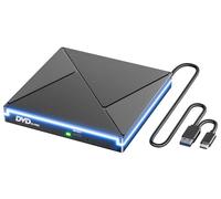 Lecteur CD/DVD Externe pour PC, USB 3.0 et USB-C Graveur DVD Externe avec RGB, Portable CD/DVD -/+RW Drive, Mince DVD Player Transmission Rapide Câble USB Intégrée pour Windows/MacOS/Laptop/Desktops