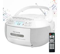 Lecteur CD portable avec cassette combinée, radio FM, lecture USB/AUX, son stéréo, télécommande, enregistrement sur bande, alimentation AC/DC