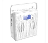 Lecteur CD portable Bluetooth au format vertical, avec haut-parleurs intégrés, radio FM, compatible USB et AUX, et écran LCD.