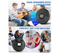 Lecteur CD portable Bluetooth rechargeable Discman avec deux haut-parleurs et écouteurs Walkman Lecteur CD Lecteur MP3 Noir