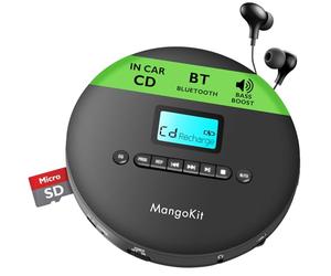 Lecteur CD portable MangoKit CD-X pour voiture avec Bluetooth 5.3, lecture MP3, écouteurs : lecteur CD personnel avec fonction antidérapante, batterie rechargeable