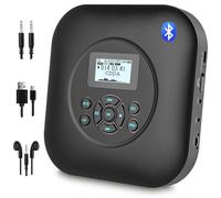 Lecteur CD Portable, Rechargeable 1800 mAh Lecteur CD Bluetooth avec Protection Contre Les Chocs/Protection Anti-Glissement, Câble AUX et Casque, pour Maison, Voiture et Voyages