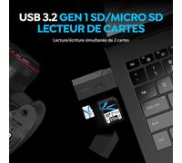 Lecteur de Carte Mémoire,SD/Micro SD à USB 3.2 Adaptateur Double Slot pour Cartes MMC,TF,SDXC,SDHC,Micro SDHC,Micro SDXC,UHS-I,5Gbps Transfert Rapide,Accès Simultané à 2 Cartes (CR-UMSS)