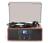 Lecteur de disque vinyle avec radio Internet WiFi, lecteur CD | Affichage couleur, enregistrement USB/SD, Bluetooth, 3 vitesses, télécommande et audio domestique du milieu du siècle