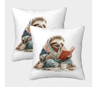 Lecture de la paresseuse mignonne - Illustration d'animal capricieuse Housse Coussin 2 Pièces Available All Seasons Taie D'oreiller Decoratif Housses Coussin Pour Canapé LiterieCanapé 45x45cm