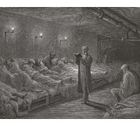Lecture des écritures aux sans-abri bondés dans un refuge nocturne au XIXe siècle Londres. Après une illustration de Gustave Dor dans l'édition américaine de Londres de 1890 : un pèlerinage écrit par