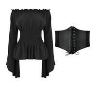 Lectures de l'histoire médiévale - Haut élégant pour femme - Manches longues - Chemisier bohème - Grande taille - Jupe gothique à volants - Chemise - Costume de cosplay Kamado Tanjirou - Cosplay (noir