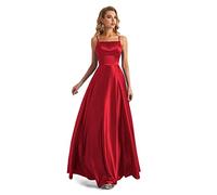 Lecureler Robe de bal à bretelles spaghetti en satin, Rouge, 34