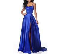 Lecureler Robe de bal longue en satin à bretelles spaghetti, bleu marine, 42