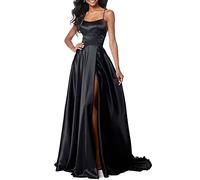 Lecureler Robe de bal longue en satin à bretelles spaghetti, Noir , 40