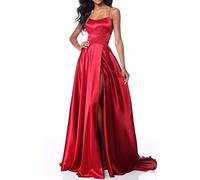 Lecureler Robe de bal longue en satin à bretelles spaghetti, Rouge, 36