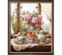 Leczany Kit de point de croix 11CT 3 brins - meme kit de démarrage de broderie pré - imprimée canevas kit complet adulte ou enfants pour les debutants - Heure du thé 35x43cm