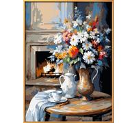 Leczany Kit de point de croix à faire soi - meme kit de démarrage de broderie pré - imprimée canevas kit complet adulte ou enfants pour les debutants - Cheminée et fleurs 33x45cm