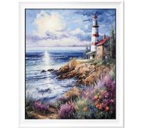 Leczany Kit de point de croix à faire soi - meme kit de démarrage de broderie pré - imprimée canevas kit complet adulte ou enfants pour les debutants - Phare en bord de mer 35x43cm
