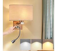 LED Applique Murale Intérieure avec Flexible Liseuse Dimmable E27 Lampe de Chevet en Bois avec Interrupteur Rotatif Tissu Lampe Murale Moderne pour Chambre à Coucher Salon Hôtel Couloir Lumièr Murale