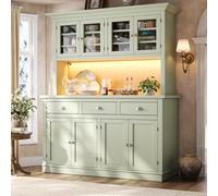 LED Armoire Hautes Cuisine Rangement Vert avec 3 Tiroirs,Étagère Réglables | 140x40x180cm,Meuble Buffet,Caisson Salle Manger,Vitrine Verre avec APP RGB,Lumières Musique Minuterie,Pour Chambre Salon