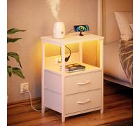 LED Bedside Table with Charging Station & 2 Storage Drawers - Small Nightstand with Double Plug Adaptor & 2 USB - Slim Bedside Cabinet for Bedroom Living Room Sofa Couch