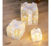 LED Boîtes Cadeaux Set de 3 - BLANC - Noël Décoration Eclairage Minuteur Batterie