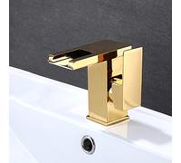 LED Brass Mixer Sink Waterfall, taps for Basin Hot and Cold, Handle Single Hole Bathroom Tap Faucet Gold,Short