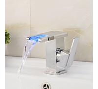 LED, Brass Waterfall, Mixer for Basin Sink in Handle Single Hole Bathroom Tap Faucet Chrome,Short