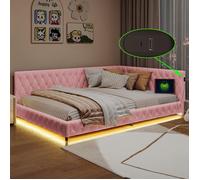 LED Canapé Lit 2 Places 140 x 200 cm - USB & Type-C - Teddy Velvet - Lit Rembourré avec Sommier - Lit Double Enfant - Rose - Lit