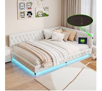 LED Canapé Lit 2 Places 140x200 - USB & Type-C - Teddy Velvet - Lit Rembourré avec Sommier - Lit Double Enfant - Beige - Lit Ado