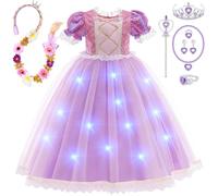 LED Déguisement Fille Light Up Raiponce Robe de Princesse avec Perruque Couronne Bracelet Collier Baguette Magique Lumineux Carnaval Halloween Déguisement Princesse Raiponce Costume pour Enfant Fille