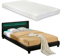 LED Design Lit + Matelas 160 x 200 cm Similicuir Noir Coussin CORIUM