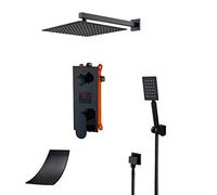 LED Digital Display Shower System Wall Mounted Concealed Shower Faucet Set Multifunction Matte Black Shower Combo Set with Shower Head, Handheld Shower, Waterfall Tub Spout,10 inch