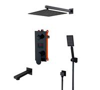 LED Digital Display Shower System Wall Mounted Concealed Shower Faucet Set Multifunction Matte Black Shower Combo Set with Shower Head, Handheld Shower, Tub Spout,10 inch