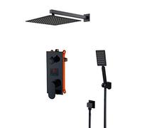LED Digital Display Shower System Wall Mounted Concealed Shower Faucet Set Multifunction Matte Black Shower Combo Set with Shower Head, Handheld Shower,10 inch