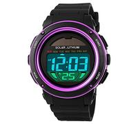 LED Digital Montres Bracelet Sport Tactique Militaire Électronique Solaire 5ATM Etanche Plastique Bordure et Caoutchouc Bande Mode Robe Outdoor Montre Calendrier Alarme Date Chronomètre (Violet)