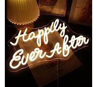 LED Happily Ever After Signe néon alimentées Mariage Fiançailles Décoration de fête par USB avec variateur d'intensité Lumières néon pour chambre maison bar art mural décoration murale- Blanc chaud