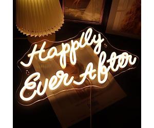 LED Happily Ever After Signe néon alimentées Mariage Fiançailles Décoration de fête par USB avec variateur d'intensité Lumières néon pour chambre maison bar art mural décoration murale- Blanc chaud