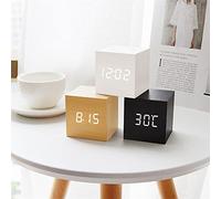 LED Horloge numérique Alarme, Cube en bois nuit Horloges à piles, Mini électronique Horloge de bureau avec affichage de la température, commande vocale pour Chambre Bureau Accueil Voyage (Blanc)