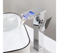 LED Light Brass Waterfall, Tap Faucet for Basin Sink in Bathroom, Single Handle 1 Hole Hot and Cold Water Mixer Chrome,High