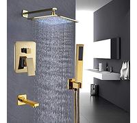 LED Light Rainfall Shower Set 3 Way Mixer Kit Tub Faucet with Handheld Spray Gold Color-12 inch ()