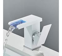 LED Light Waterfall, taps for Bathroom Basin Brass, 3-Color Changing Lavatory Vanity Faucet, Single Handle 1 Hole Hot and Cold Water Mixer,White,Short