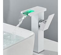 LED Light Waterfall, taps for Bathroom Basin Brass, 3-Color Changing Lavatory Vanity Faucet, Single Handle 1 Hole Hot and Cold Water Mixer,White,High