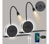 LED Liseuse de chevet 2 pièces, lampe murale avec interrupteur,Lampe de Lecture avec port de charge USB + Type C, 3W 3000K + 9W 6000K applique tete de lit, lampe de chevet pour chambre d'hôtel, noir