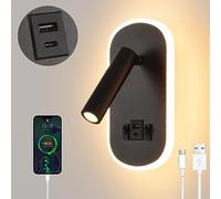 LED Liseuse de chevet,Applique Murale avec interrupteur,USB + TYPE C port de charge Luminaire Murale,3W 3000K + 9W 6000K éclairage d'ambiance de chambre à coucher,Spot réglable Lampe de Lecture Noir
