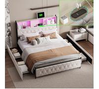 LED Lit Adulte/Ado 140x200 - USB & Type-C - 4 Tiroirs - Velours - Lit Rembourré avec Sommier - Tête de Lit avec Rangement - Beige