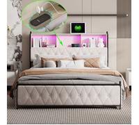LED Lit Adulte/Ado 160x200 - USB & Type-C - 4 Tiroirs - Velours - Lit Rembourré avec Sommier - Tête de Lit avec Rangement - Beige