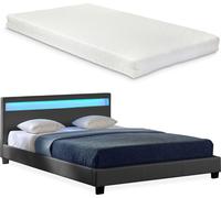 Lit capitonné à LED Corium (Paris) avec matelas (140x200cm)(gris foncé)(mousse froide) - cuir synthétique / housse en cuir synthétique / éclairage RVB / avec sommier à lattes / Gris Foncé G
