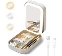 Led Mirror, Illuminated Travel Mirror With Jewellery Organizer, 3 Light Colors, Adjustable Brightness, Usb Rechargeable, Ideal For Bedroom, Dressing Table, White