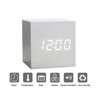 LED Réveil en Bois Réveil numérique en bois, Horloge Digital Cube avec Activation Vocale- blanc